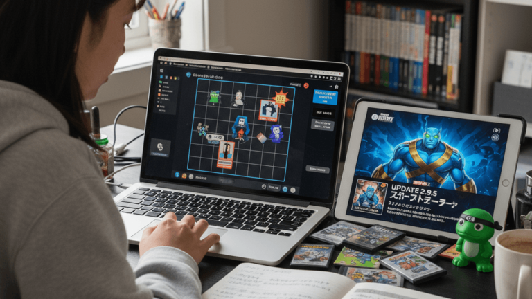 自宅の机でRobloxとMarvelのゲームをプレイしている女性の後ろ姿。