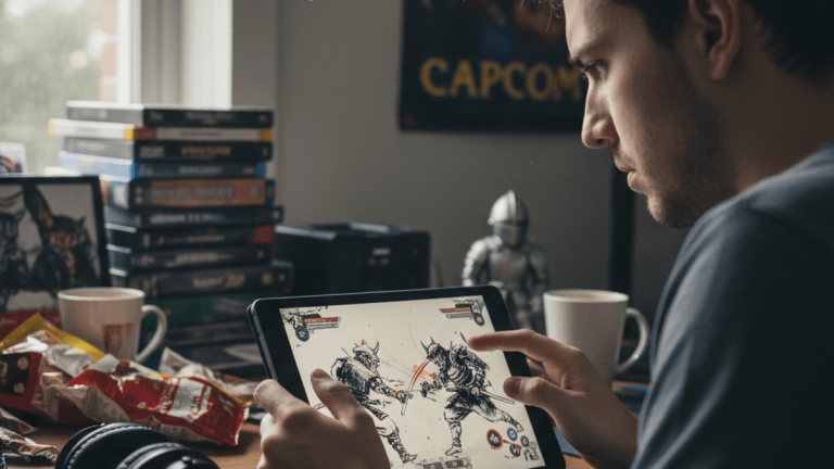 散らかった机で、若い男性がタブレットゲーム「Ronin: The Last Samurai」に集中している。